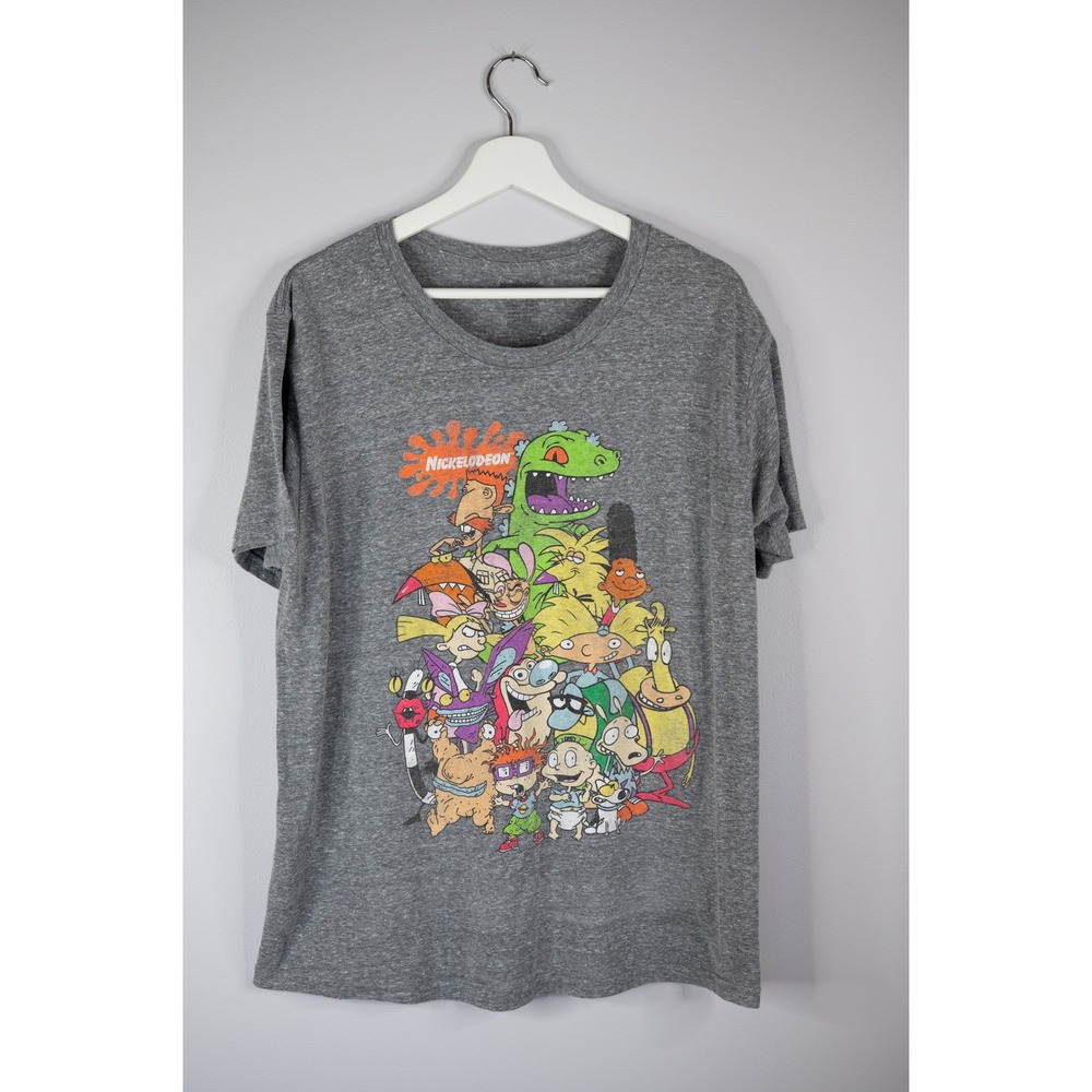Nickelodeon Graphic Tee Mens Large Gray Excellent 90s Cartoon Characters Shirt